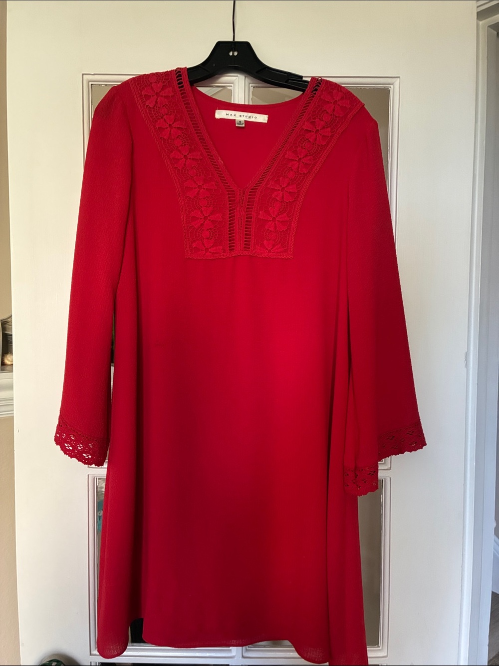 Max Studio Red V‑Neck Crochet Trim Dress